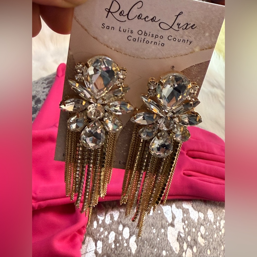 Chandelier Earrings large long Gold‎ & Crystal look - Fringe costume prom Tassel